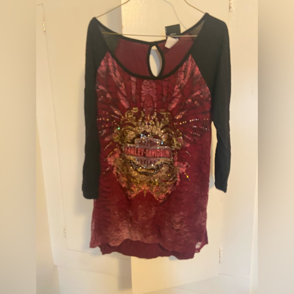 Harley-Davidson Red and Gray Long Sleeve Graphic Blouse